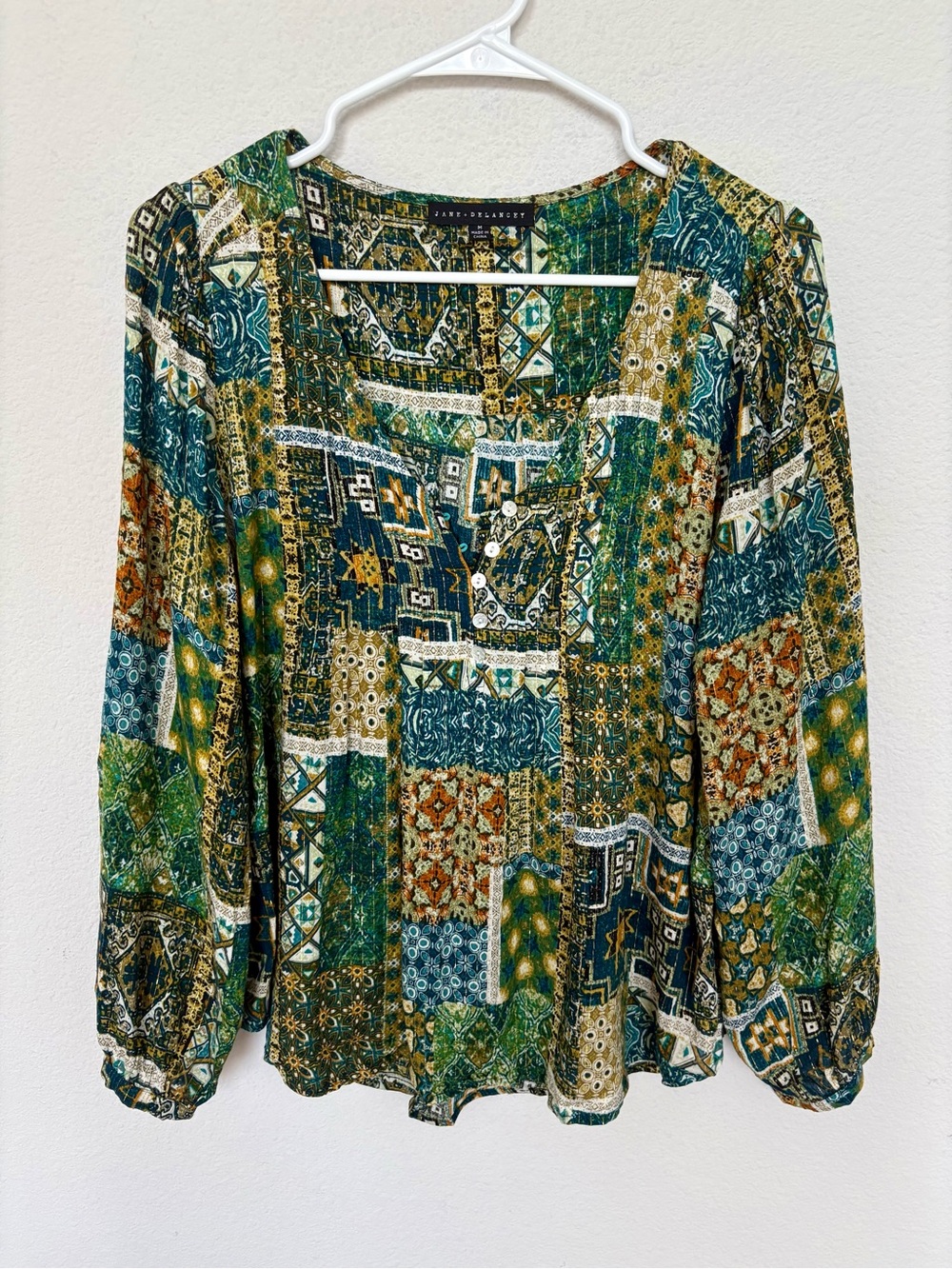 Jane + Delancey Button Front Boho Patchwork Blouse Medium Balloon Sleeve Shimmer